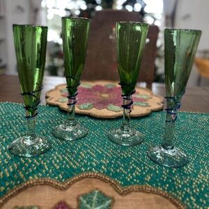 Set of four vintage art deco green glass champagne flutes
